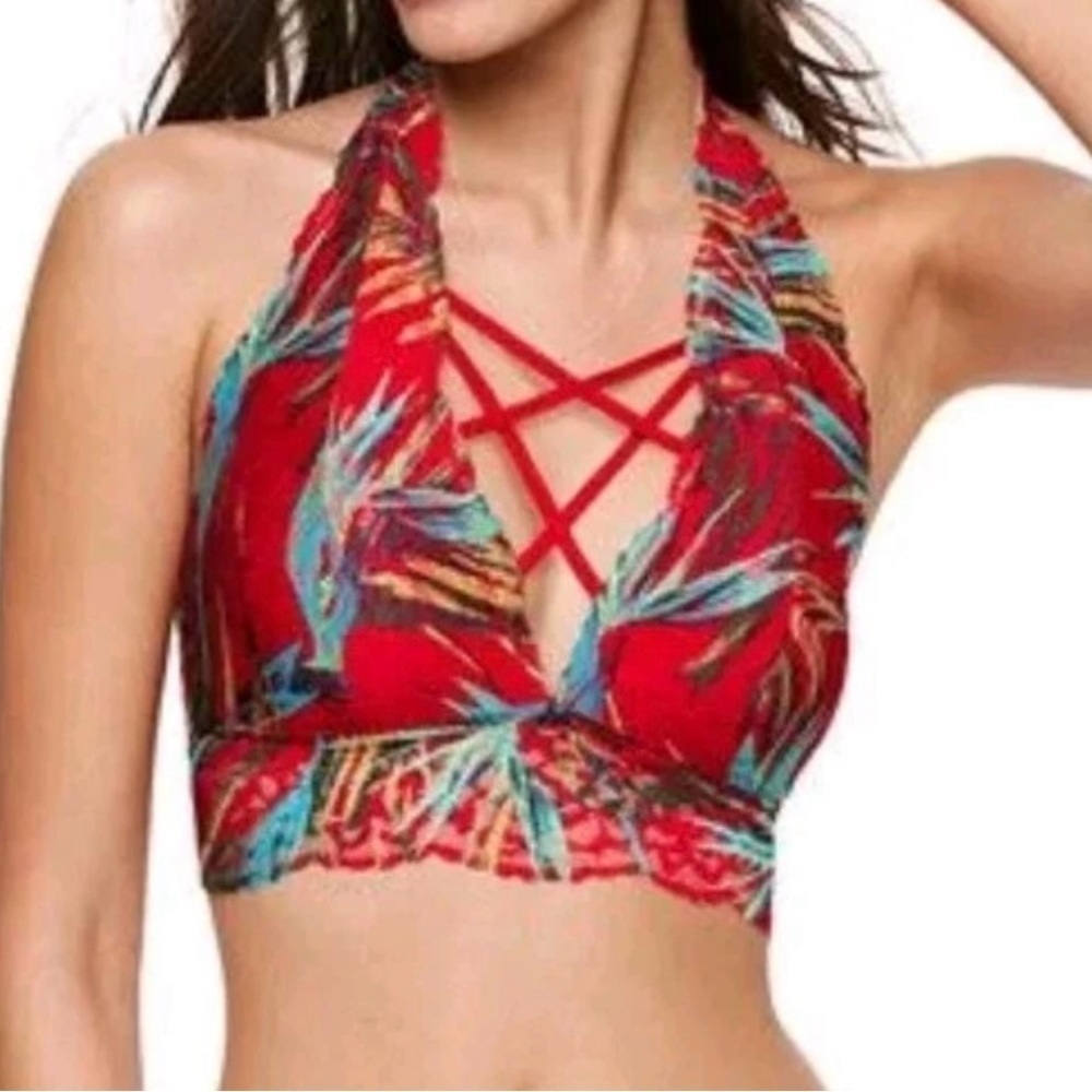 Victoria’s Secret PINK S Halter Neck Red Tropical Print Strappy Lace Bralette